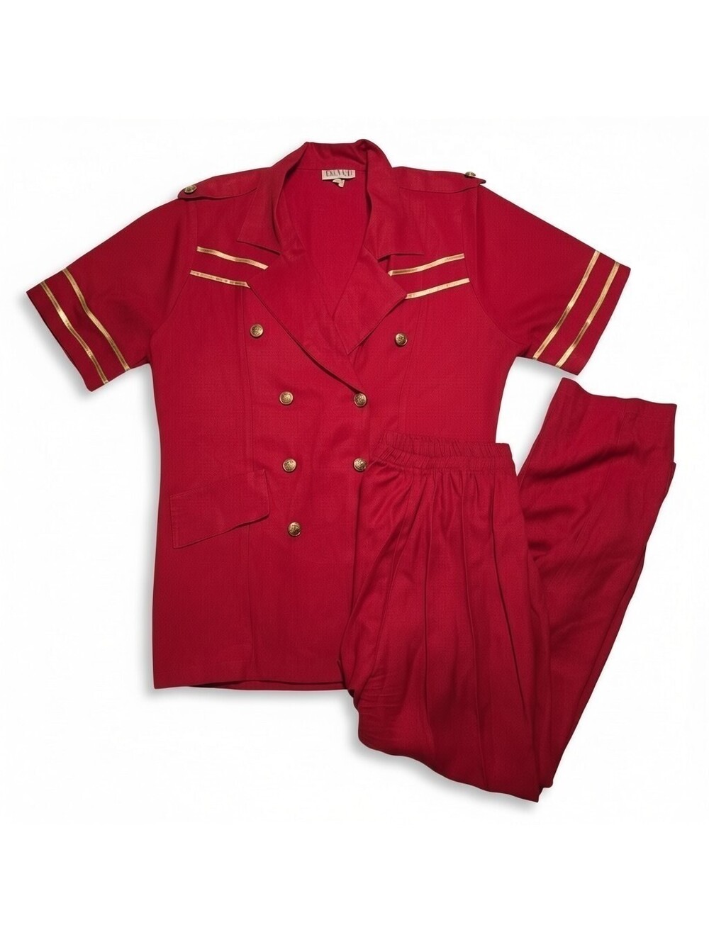 Vtg 80s 90s Dolce Red Uniform Pantsuit Set Military Stewardess Gold Button